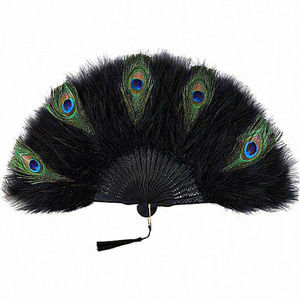 Women's Folding‎ Black Feather Peacock Fan for Costume Dancing Show Decoration